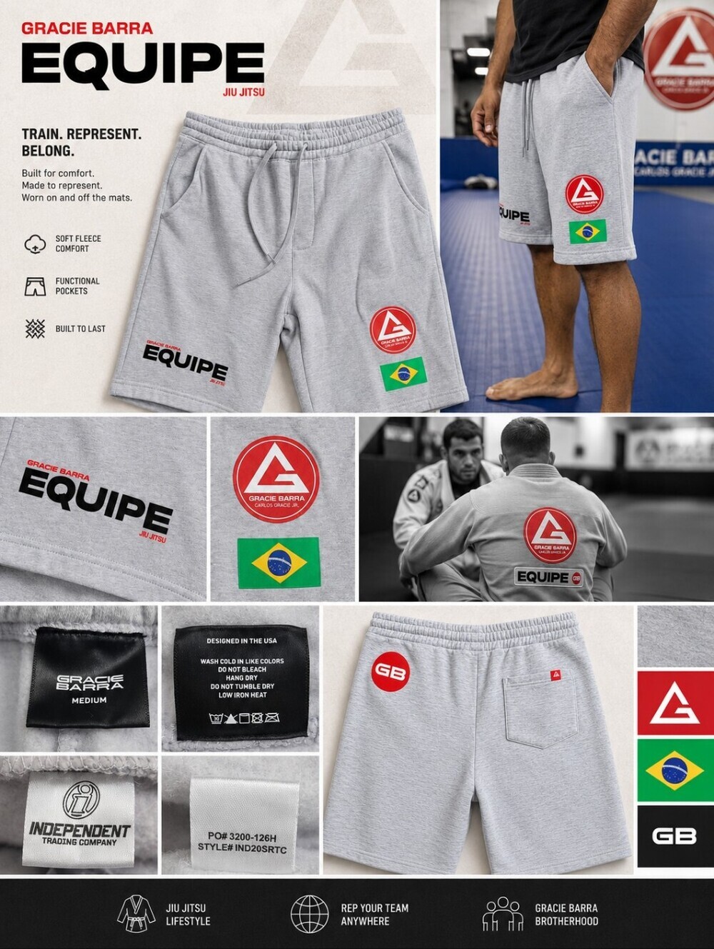 Gracie Barra Equipe Jiu Jitsu Fleece Shorts Gray - M - Brazil BJJ